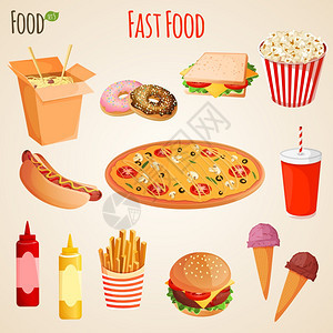 快速垃圾食品图标平套炸薯条,汉堡汽水饮料,矢量插图图片