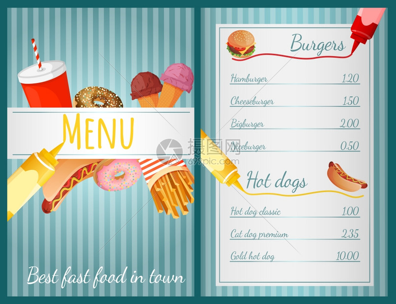 快餐店菜单与汉堡热狗矢量插图图片