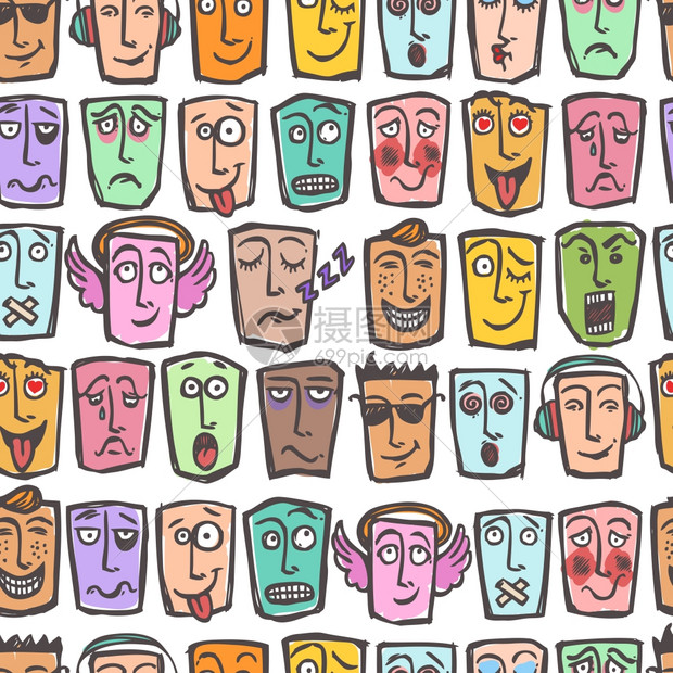 素描表情符号人的情感彩色无缝图案矢量插图
