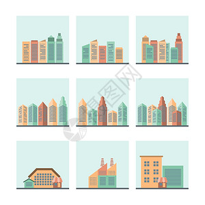 住宅工业现代中心城市商业区城市景观街景平图标收集孤立矢量插图图片