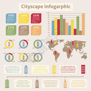 现代城市信息图集与摩天大楼图标图表世界矢量插图图片