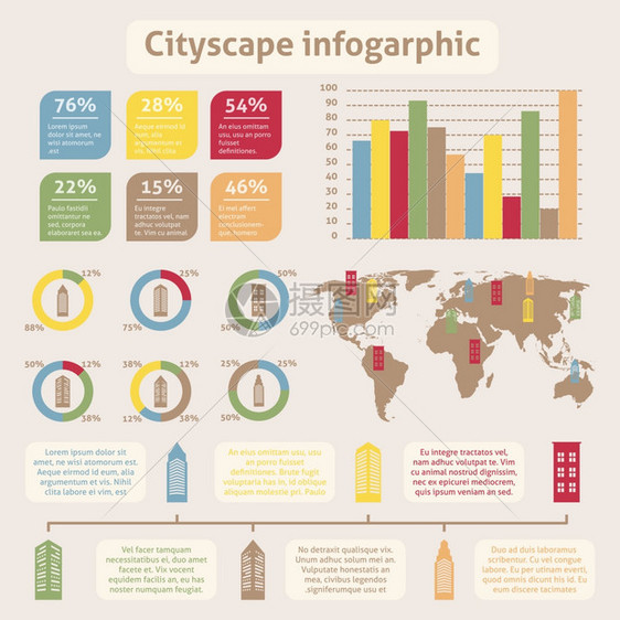 现代城市信息图集与摩天大楼图标图表世界矢量插图图片