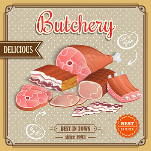 肉类标签最好选择复古屠宰海报矢量插图图片