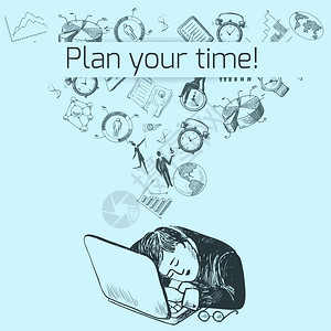 时间管理海报草图与商业图标睡觉的人笔记本矢量插图图片