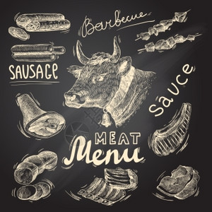 肉类食品装饰图标烧烤菜单黑板孤立矢量插图图片