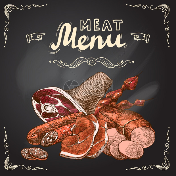 肉类食品黑板与猪肉鱼排牛排香肠矢量插图图片