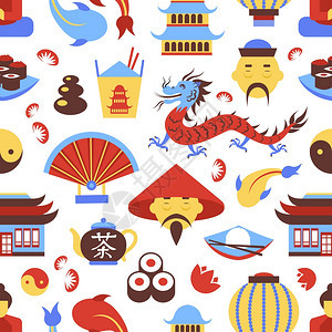 中国旅游中国传统文化符号无缝图案矢量插图图片