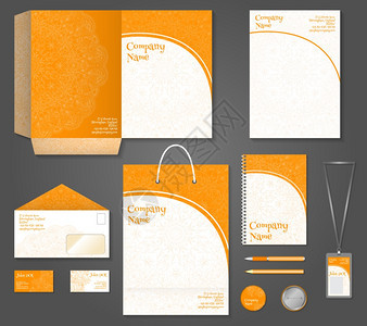 橙色装饰商业公司文具模板,用于企业身份集孤立矢量插图图片