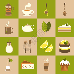 茶图标与杯糖蛋糕隔离矢量插图图片