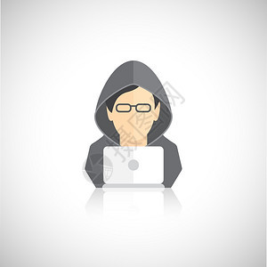 黑客图标男子帽衫与笔记本电脑平隔离白色背景矢量插图图片