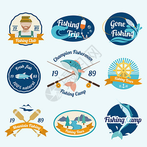 钓鱼旅行营地俱乐部户外旅游标签矢量插图图片