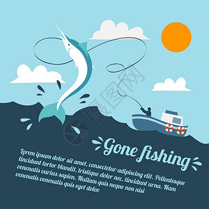 捕鱼海报与船渔民捕捉剑鱼矢量插图背景图片