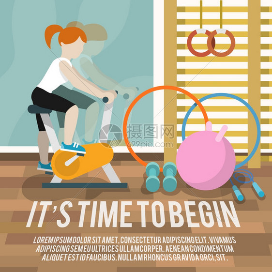 女子骑自行车健身房健身生活方式时间开始海报矢量插图图片