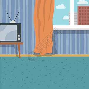 室内平室内与复古电视地毯窗帘背景矢量插图图片