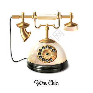 复古风格的古董电话与电线连接隔离白色背景矢量插图图片