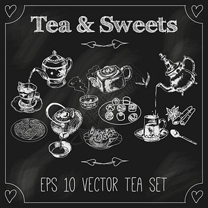 日本印安人经典英国波塞莱茶壶,茶杯糖果草图成,黑板粉笔矢量插图图片