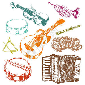 经典音乐会乐器图标集键手风琴小提琴鼓彩色涂鸦素描矢量孤立插图图片