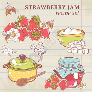 甜健康的自制草莓果酱成分内衬纸矢量插图图片