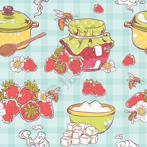 甜美健康的自制草莓果酱无缝图案复古彩色纺背景矢量插图图片