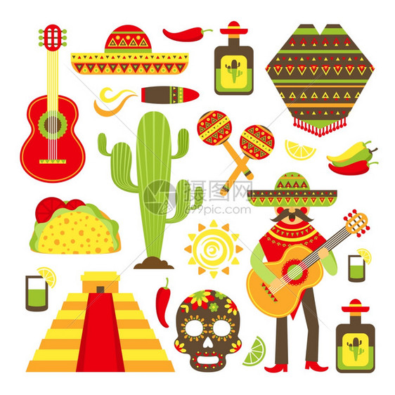墨西哥旅游符号装饰图标孤立矢量插图图片