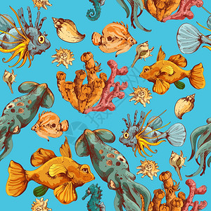 海鱼海洋生物素描彩色无缝图案矢量插图背景图片