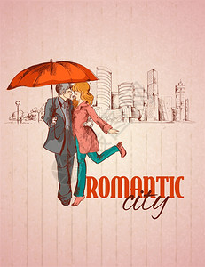浪漫的城市海报与幸福夫妇素描矢量插图图片