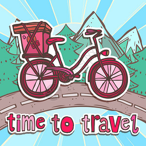 旅游海报与复古卡通自行车山路矢量插图图片