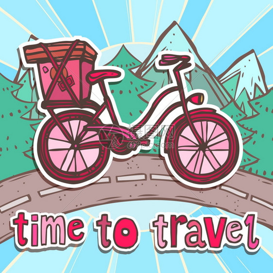 旅游海报与复古卡通自行车山路矢量插图图片