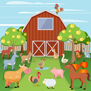 夏季农场木屋家畜矢量插图背景图片