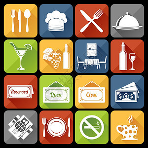 餐厅食品厨房平图标与菜桌拼盘隔离矢量插图图片