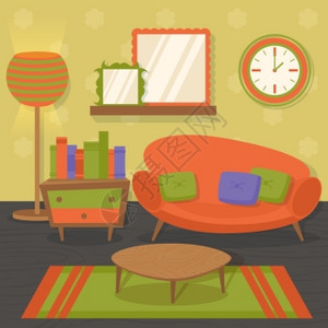 室内客厅橙色与沙发镜台矢量插图图片