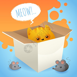 小猫纸箱与老鼠背景矢量插图图片