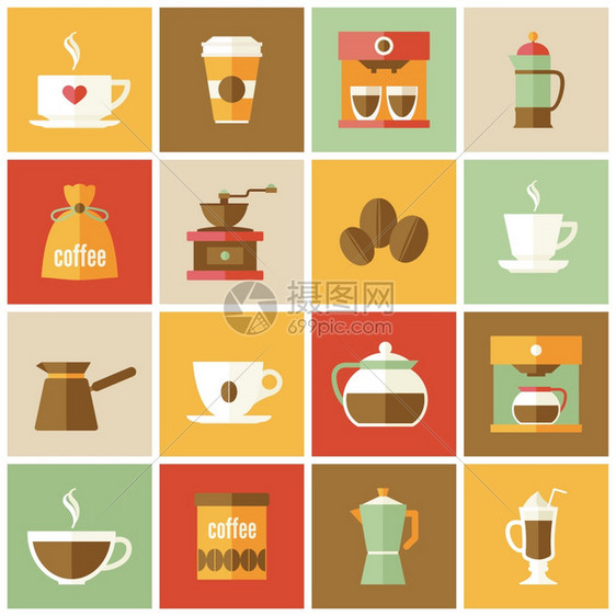 咖啡杯壶活力饮料图标平孤立矢量插图图片