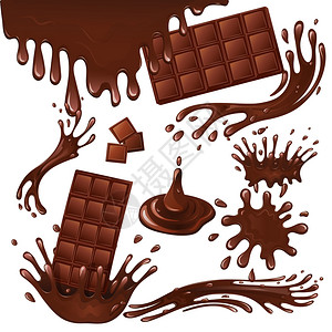 巧克力可可甜食,甜点,食物,牛奶,巧克力棒飞溅滴背景矢量插图插画