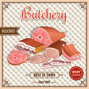 肉类标签最好选择复古屠宰海报上的方形背景矢量插图图片