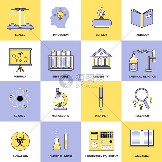科学化学实验室研究设备平线图标孤立矢量插图图片