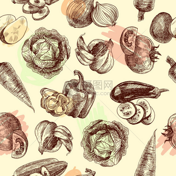 蔬菜天然机新鲜食品黑白草图无缝图案矢量插图图片