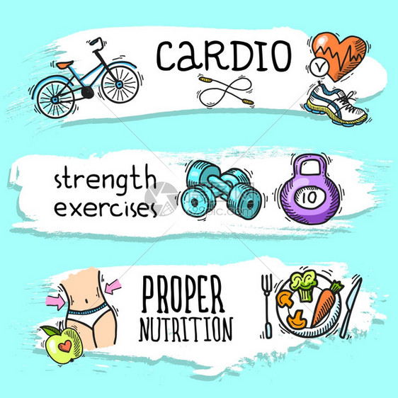 健身氧力量锻炼适当的营养彩色素描水平横幅矢量插图图片