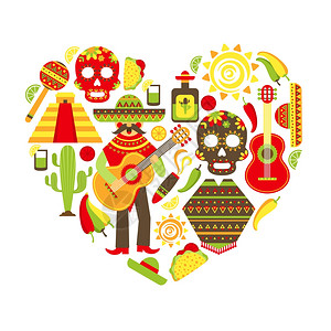 墨西哥旅游传统符号装饰图标心形矢量插图图片