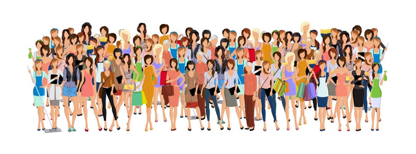 同龄女专业人员的大群体人群女企业家矢量插图图片