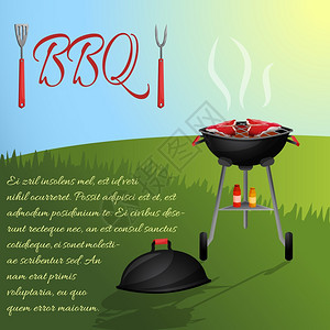 烧烤新鲜热肉牛排烧烤野餐聚会与户外背景矢量插图图片