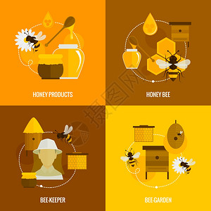 蜜蜂蜂蜜图标平与产品养蜂园孤立矢量插图图片