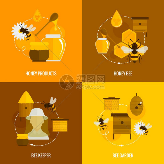 蜜蜂蜂蜜图标平与产品养蜂园孤立矢量插图图片