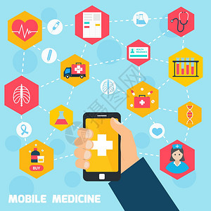 移动健康与人手持智能手机医学图标连接矢量插图图片