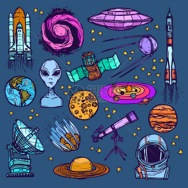 天文学素描彩色装饰图标集卫星外星行星孤立矢量插图图片