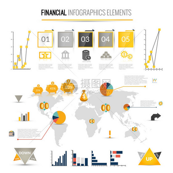 货币金融业务信息图表与金融图标世界的背景矢量插图图片