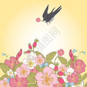 复古浪漫抽象夏季花枝背景与燕子鸟矢量插图图片