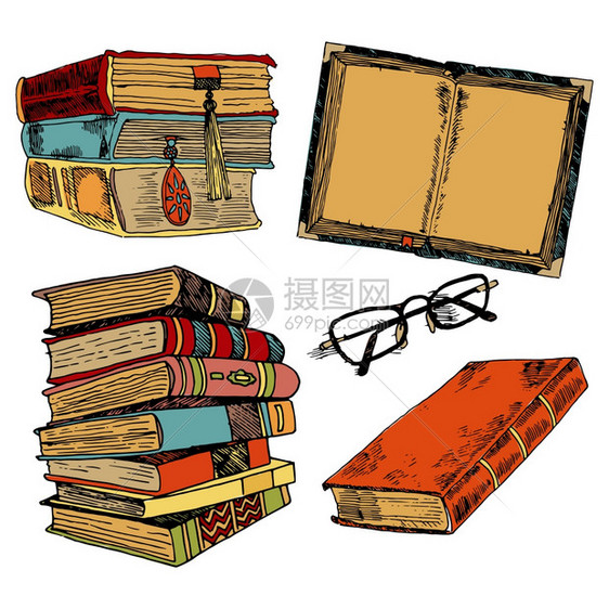 老式书籍堆叠草图装饰图标眼镜孤立矢量插图图片