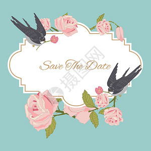 老式玫瑰花婚礼邀请函保存日期明信片与鸟类矢量插图图片