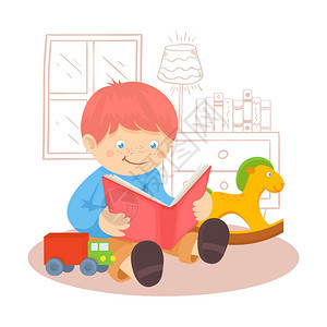 红头发男孩室内阅读书籍,背景海报矢量插图上玩具窗户图片